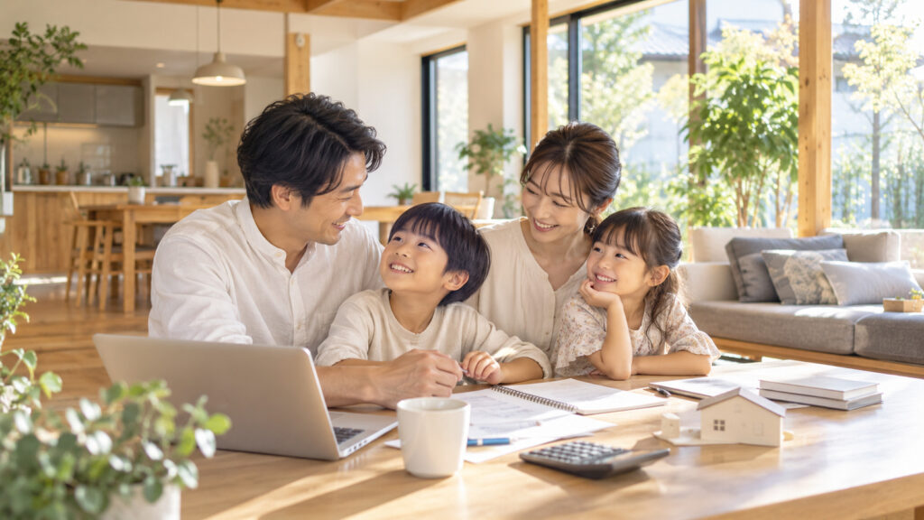 明るいダイニングで住まいの計画を考える架空の家族のイメージ