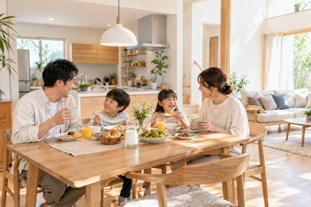 木のダイニングで朝食を囲む架空の家族のイメージ